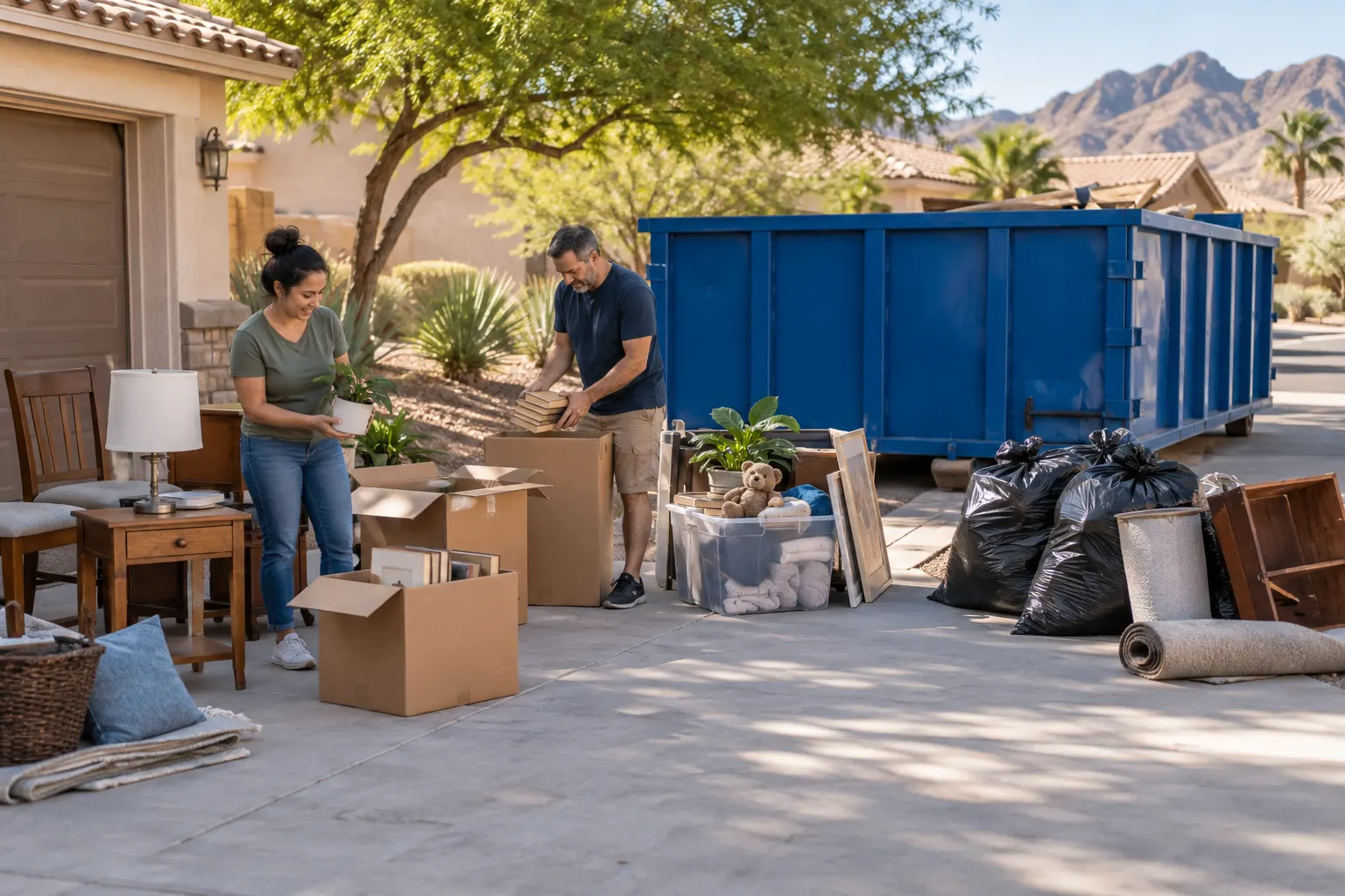 Household items being sorted beside a roll-off dumpster